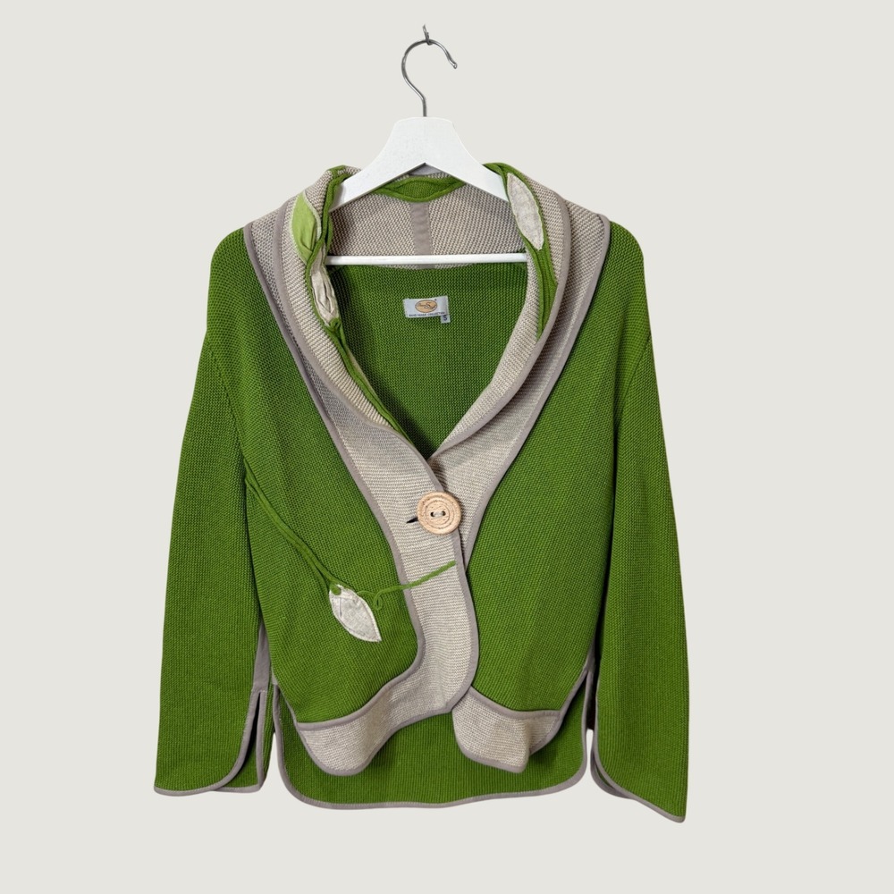 Runa Styl Hand Made Green Cardigan Sweater Leaves Sz S Cottagecore Fall Layering